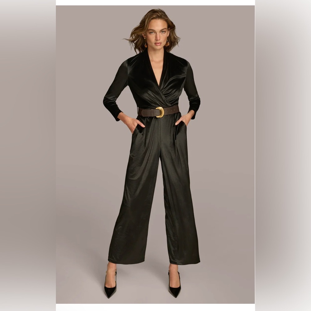 Donna Karan Black Velvet Jumpsuit with Wide-Leg Size 8